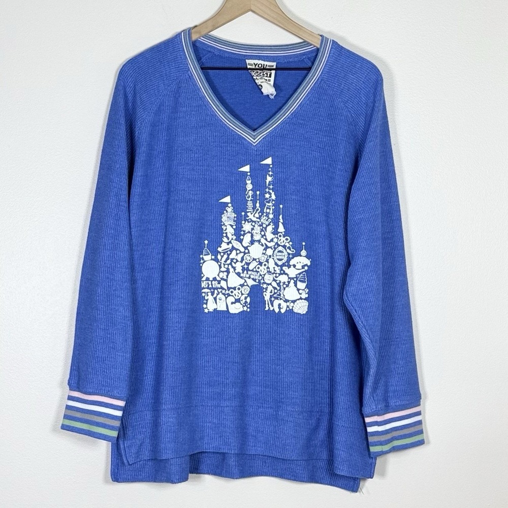 Jadelynn Brooke Womens Size XL Ribbed V Neck Top Blue Disney Castle Oversized